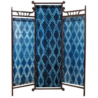 Victorian Oak Privacy Screen with Indigo Shibori For Sale