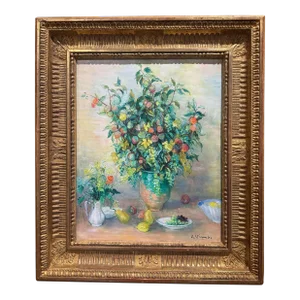 Mid-Century French Still Life Oil Painting in Gilt Frame Signed A. Vignoles