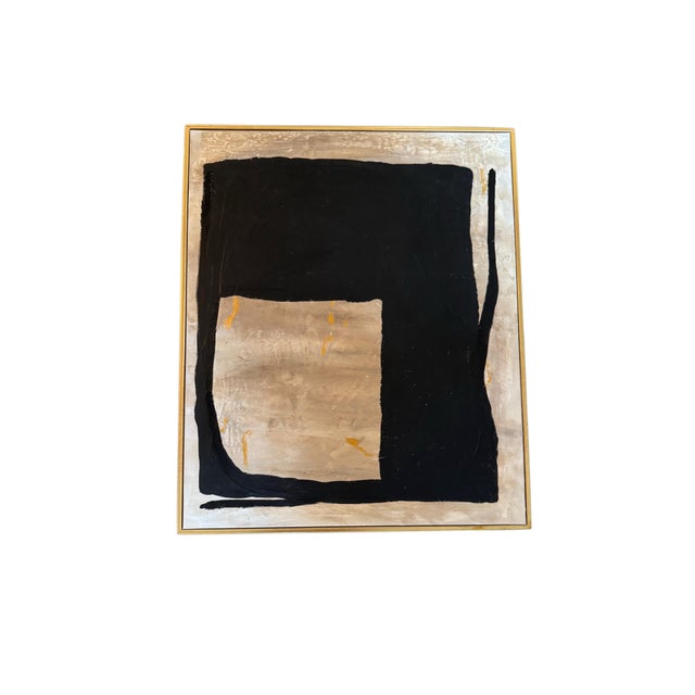 Original Modern Abstract Black & Neutral Painting With Gold Frame – 24” X 20” by Artist "Marek" For Sale - Image 9 of 9
