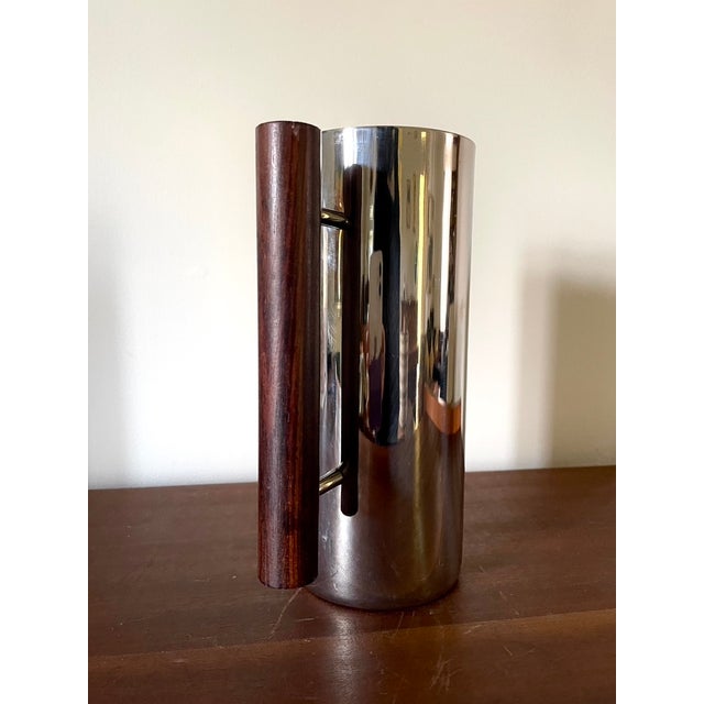 Guy Degrenne stainless steel pitcher modernist design teak handle removable ice tray in very good vintage condition (see...