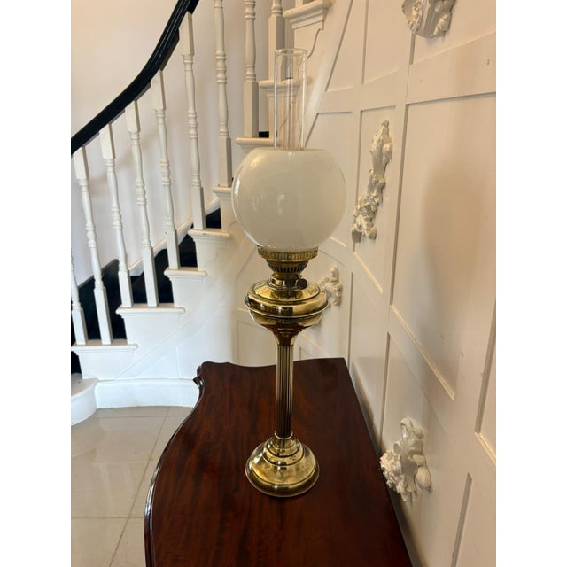 Antique Edwardian English Brass Oil Lamp with Opaline Shade, 1900 For Sale - Image 11 of 11