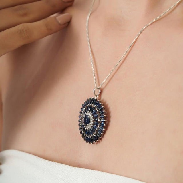 11 CTW Blue Sapphire & Diamond Halo Pendant in 925 Sterling Silver For Sale - Image 4 of 14