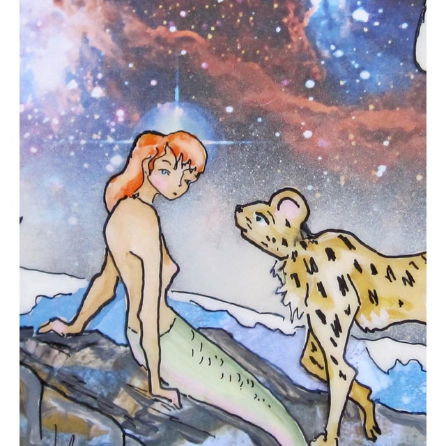 On the Rocks by Louis Recchia | Mixed-media acrylic on plexiglas Mermaid with a cheetah in a cosmic setting For Sale - Image 4 of 5