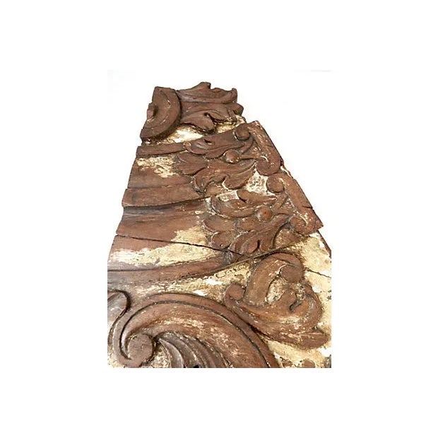 18th-century hand-carved solid rosewood architectural wall hanging with distressed polychrome finish. Minor losses This...