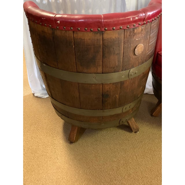 Wood Set of 4 Vintage 1970s Whiskey Barrel Chairs | Red Vinyl For Sale - Image 7 of 12