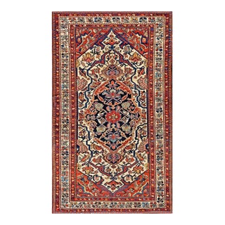 1920s Ivory Red Medallion Antique Persian Bakhtiari Rug 4'6" X 7'2" Handknotted Wool Carpet For Sale