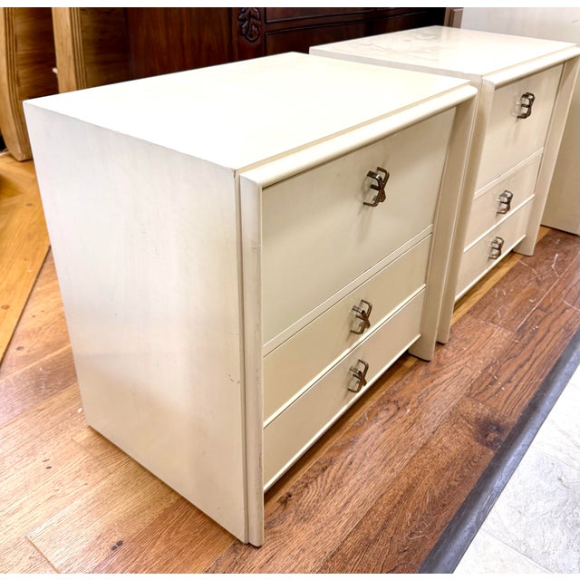 Paul Frankl for Johnson Furniture Pair of Matching Three Drawer Rare Flip Down Nightstands For Sale - Image 9 of 10