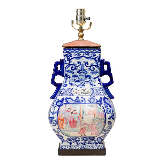 Blue and White Porcelain Table Lamp with Hand-Painted Court Scenes For Sale