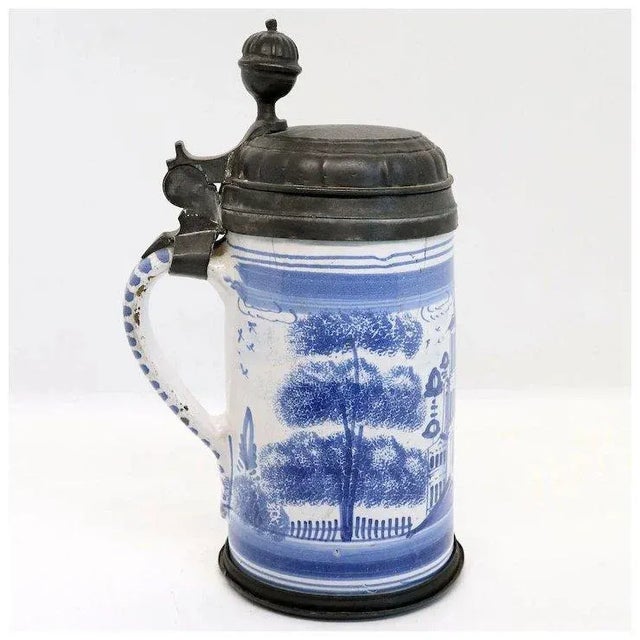 German Bayreuth Faience Pottery Pewter Mounted Blue and White Tankard For Sale In Denver - Image 6 of 13