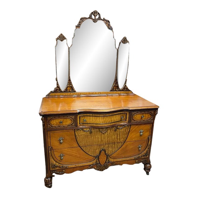 Antique 1930's Bedroom Mirrored Dresser, Hand Carved Walnut, Burl Inlay, Beveled Glass, 5 Drawers For Sale