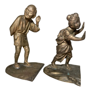 Pair of Antique Japanese Asian Solid Bronze Figural Man Lady Bookends Statues