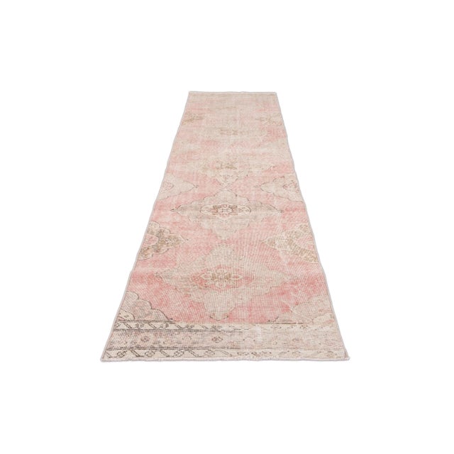 Shabby Chic Vintage Turkish Pink and Beige Handmade Medallion Floral Wool Runner For Sale - Image 3 of 10