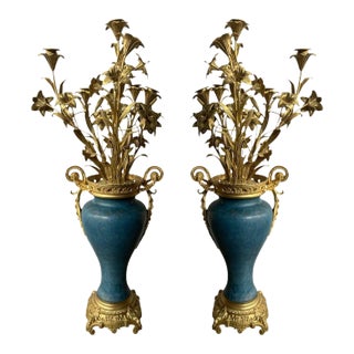 Pair of 19th Century French Bronze Candelabra Carved Blue Stone With Gilt Floral Bouquet For Sale