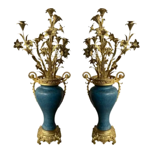 Pair of 19th Century French Bronze Candelabra Carved Blue Stone With Gilt Floral Bouquet