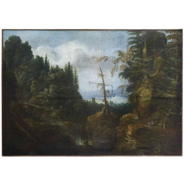 Venetian School, Animated Mountain Landscape with Architecture, 1800s, Oil on Canvas For Sale - Image 12 of 12