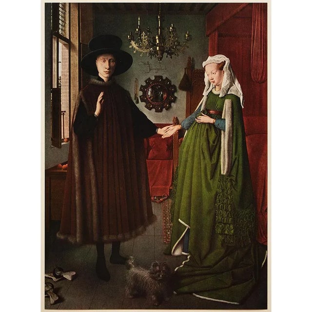 Olive 1956 After Jan Van Eyck "Giovanni Arnolfini and His Wife", Vintage Full-Color Print For Sale - Image 8 of 8
