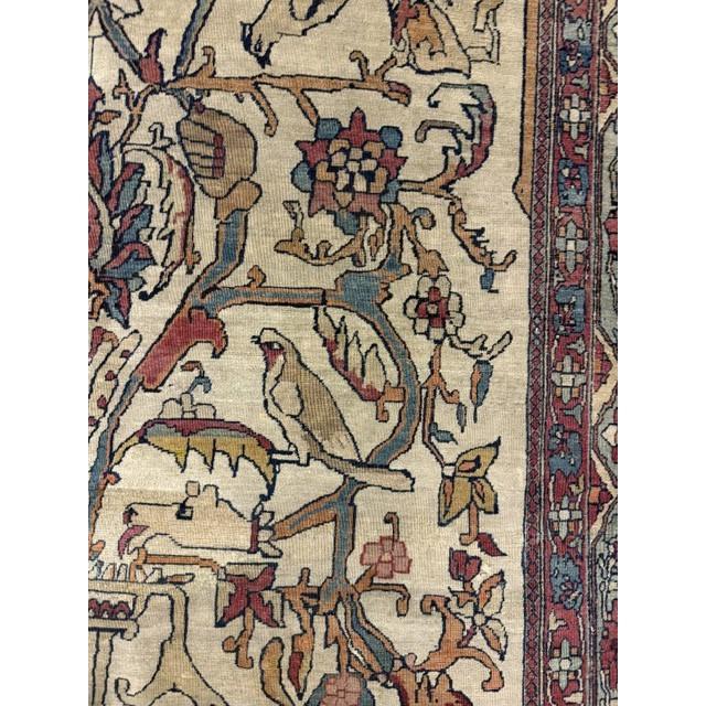 Cream Mid Century Cream Traditional Luxury Pictorial Animal Antique Kerman Silk Rug For Sale - Image 8 of 8