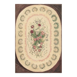 1880s Traditional Beige Antique Roses Folk Art American Hooked Knotted Wool Rug For Sale