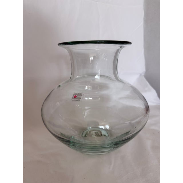 Blenko Retro, Gorgeous, Large Blenko Heavy Clear Art Glass Vase 9.25” With Original Label For Sale - Image 4 of 4