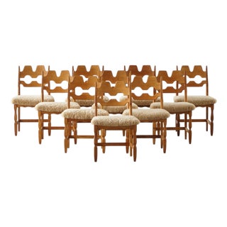 Razorblade Chairs in Oak and Lambswool attributed to Henning Kjærnulf, 1960s, Set of 10 For Sale