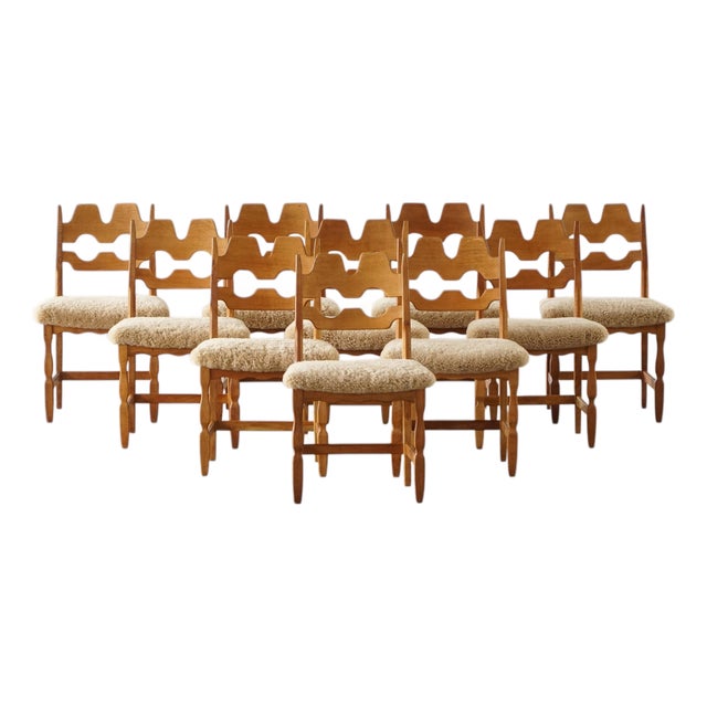 Razorblade Chairs in Oak and Lambswool attributed to Henning Kjærnulf, 1960s, Set of 10 For Sale
