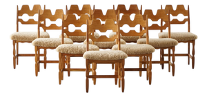 Razorblade Chairs in Oak and Lambswool attributed to Henning Kjærnulf, 1960s, Set of 10