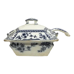 Late 1880’s Transferware Ridgways Litchfield Blue Porcelain Covered Soup Tureen W/Ladle