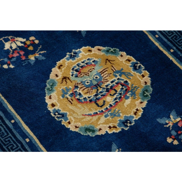 1950s Dragon Chinese Vintage Peking Handmade Wool Rug in Blue For Sale - Image 5 of 9