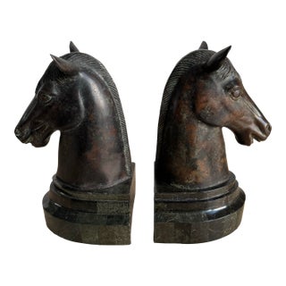 Vintage Maitland-Smith Horse Head Bookends on Tessellated Marble Bases For Sale