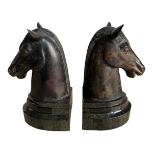 Vintage Maitland-Smith Horse Head Bookends on Tessellated Marble Bases