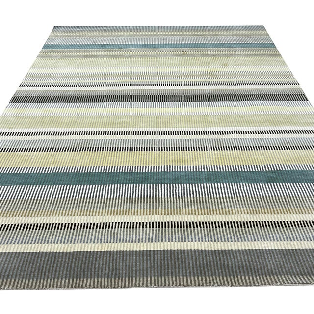 4x6 Zinnia Striped Green Geometric Contemporary Handmade Wool Carpet Rug For Sale - Image 13 of 13