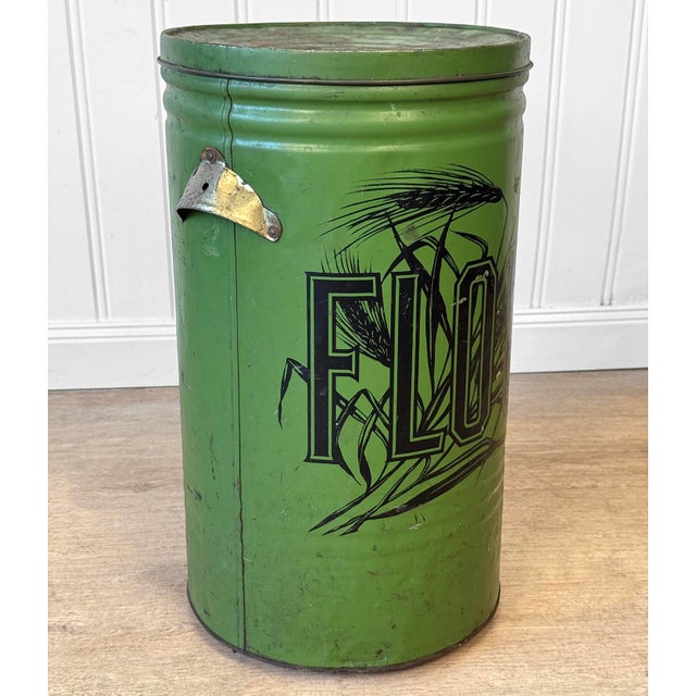Farmhouse Antique 22" Farmhouse General Store Green Tin Flour Bin For Sale - Image 3 of 11