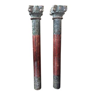 1930s Vintage Painted and Heavily Carved Teak Wood Columns With Lions - a Pair For Sale