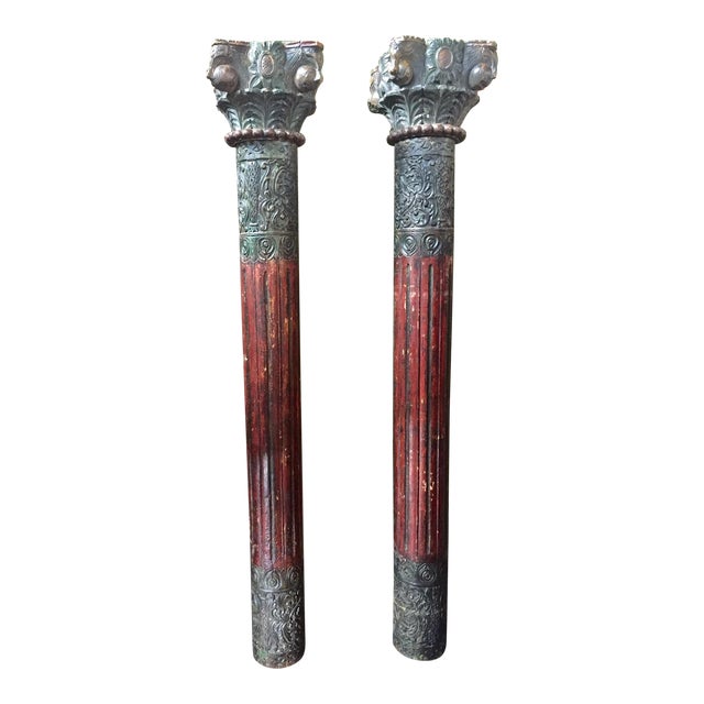 1930s Vintage Painted and Heavily Carved Teak Wood Columns With Lions - a Pair For Sale