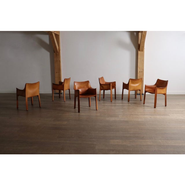 Mid-Century Modern CAB Dining Armchairs with in Cognac Leather by Mario Bellini for Cassina, Italy, 1970s, Set of 6 For Sale - Image 3 of 16