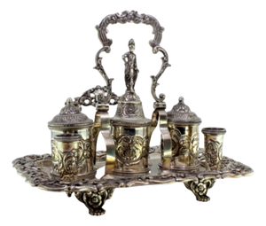 Inkwell in Chiseled Silver with Cut-Out Tray, Pen Holder, Bell and Raised Claw-Feet