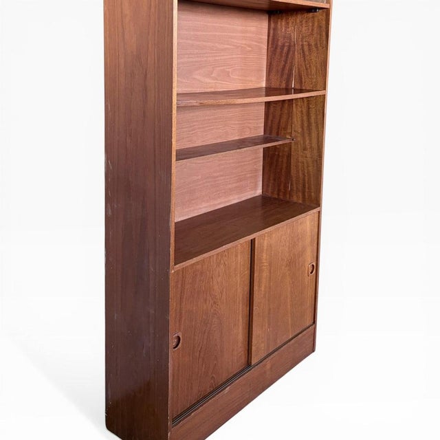 Brown Tall Vintage Danish Teak Bookcase with Sliding Doors For Sale - Image 8 of 10