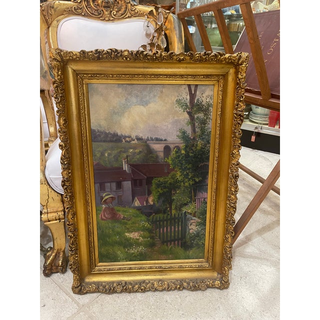 1914 painting by G. Gregoire oil painting in a decorative gold frame, likely depicting a rural scene with a child sitting...