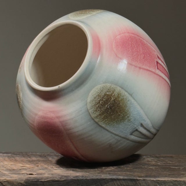 Japanese Vintage Postmodern Japanese Pink Crackle Glazed Vase, Stamped For Sale - Image 3 of 9