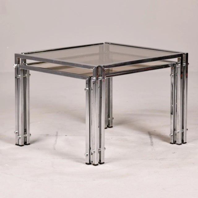 Set of Two Vintage Nesting Tables With Chrome Frames and Pale Smoke Glass Tops For Sale - Image 9 of 12
