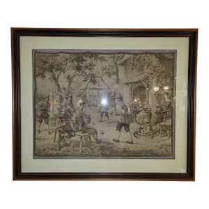 Vintage Framed Tapestry of Village Bowling