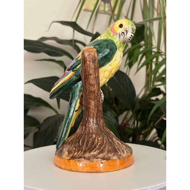 Vintage Italian Majolica Ceramic Parrot Figurine Hand Painted Made in Italy Bird on Branch For Sale In Boston - Image 6 of 10