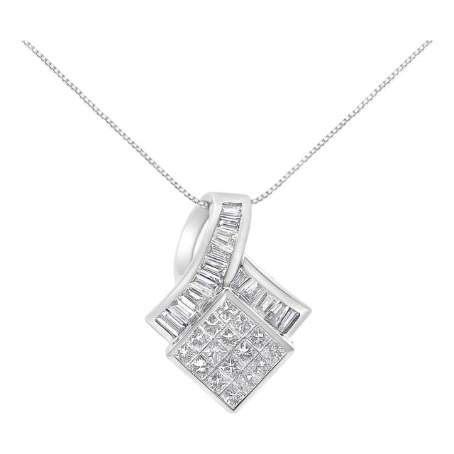 14k White Gold 2 1/10 Cttw Princess and Baguette Geometric Designed Diamond Pendant Necklace (G-H Color, VS1-VS2 Clarity) - NO CHAIN INCLUDED For Sale
