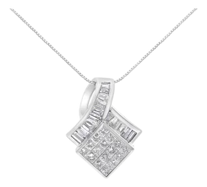 14k White Gold 2 1/10 Cttw Princess and Baguette Geometric Designed Diamond Pendant Necklace (G-H Color, VS1-VS2 Clarity) - NO CHAIN INCLUDED
