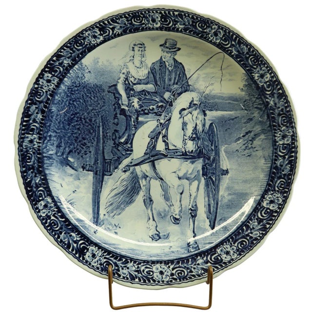 1950s Plate, Boch Blue Delft Carriage Large White Black For Sale - Image 5 of 5