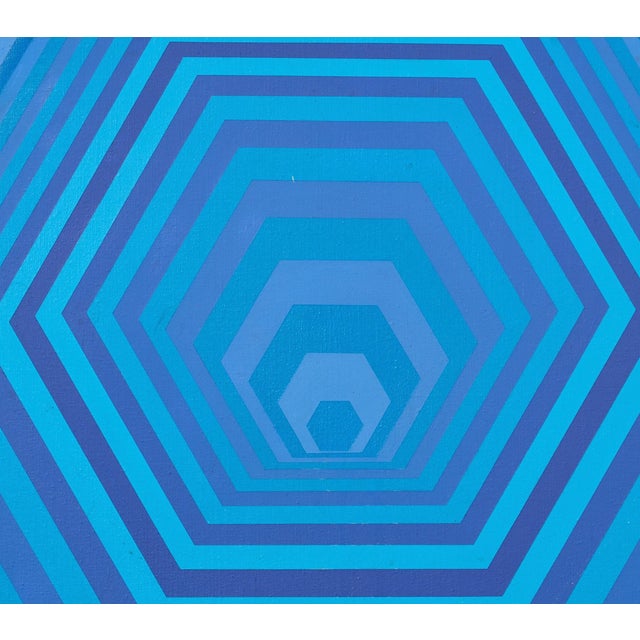 Large vintage geometric op art oil painting on a hexagon shaped stretcher canvas featuring concentric hexagons in shades...