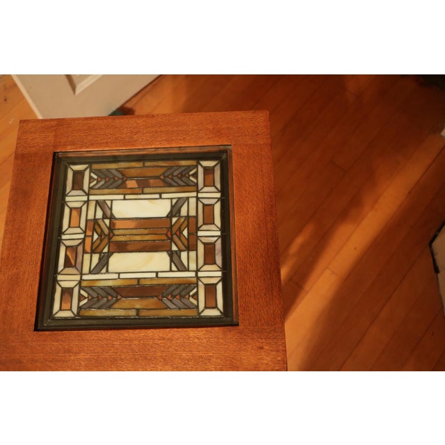 Arts & Crafts 21st Century Frank Lloyd Wright Inspired Solid Wood Accent Table With Stained Glass Inset For Sale - Image 3 of 6