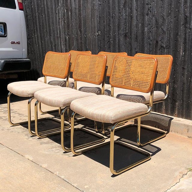 Bauhaus 1980s Vintage Cantilever Cane Marcel Breuer Style Tubular Dining Chairs Upholstered Seats Set of 6 For Sale - Image 3 of 13