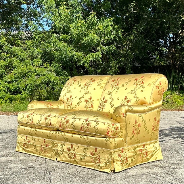 Wood Vintage Regency Embroidered Satin Floral Down Loveseat For Sale - Image 7 of 9