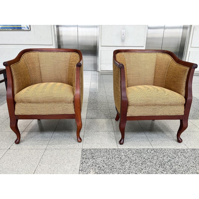 Danish Art Deco Mahogany Lounge Chairs in Donghia Gold Chevron - A Pair For Sale - Image 15 of 15